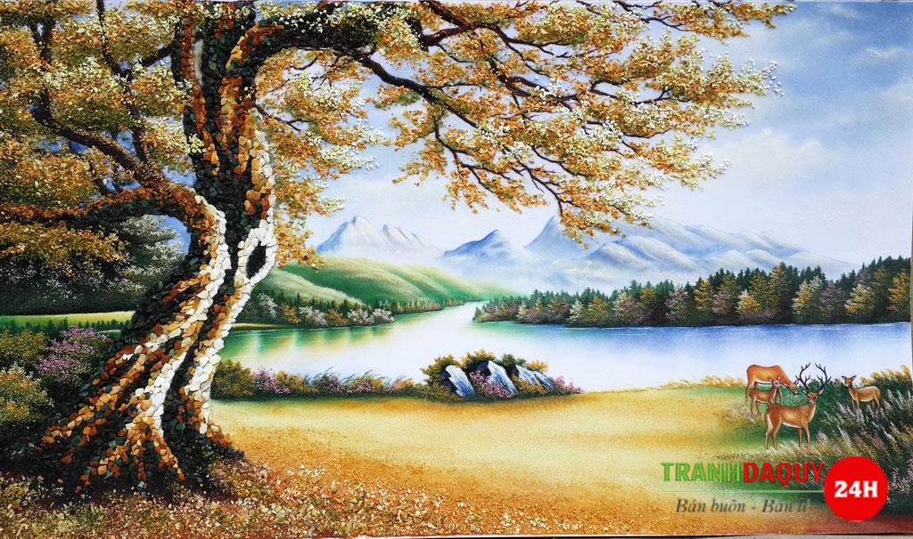 Tranh đá quý cây sồi tuần lộc TUYỆT ĐẸP TDQ-092