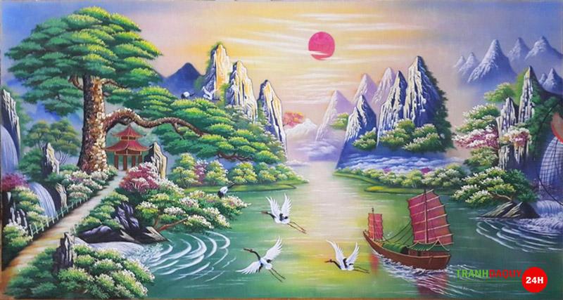 Tranh đá quý tùng đón khách TDQ-073