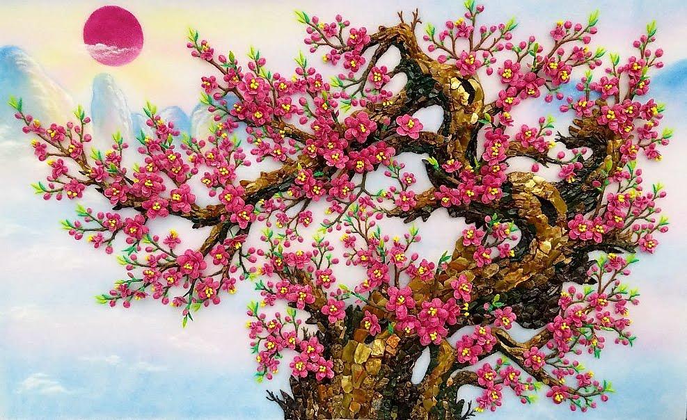 Tranh đá quý hoa đào thế rồng TDQ-047