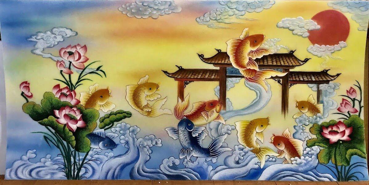 Tranh đá quý cá chép vượt vũ môn TDQ-148