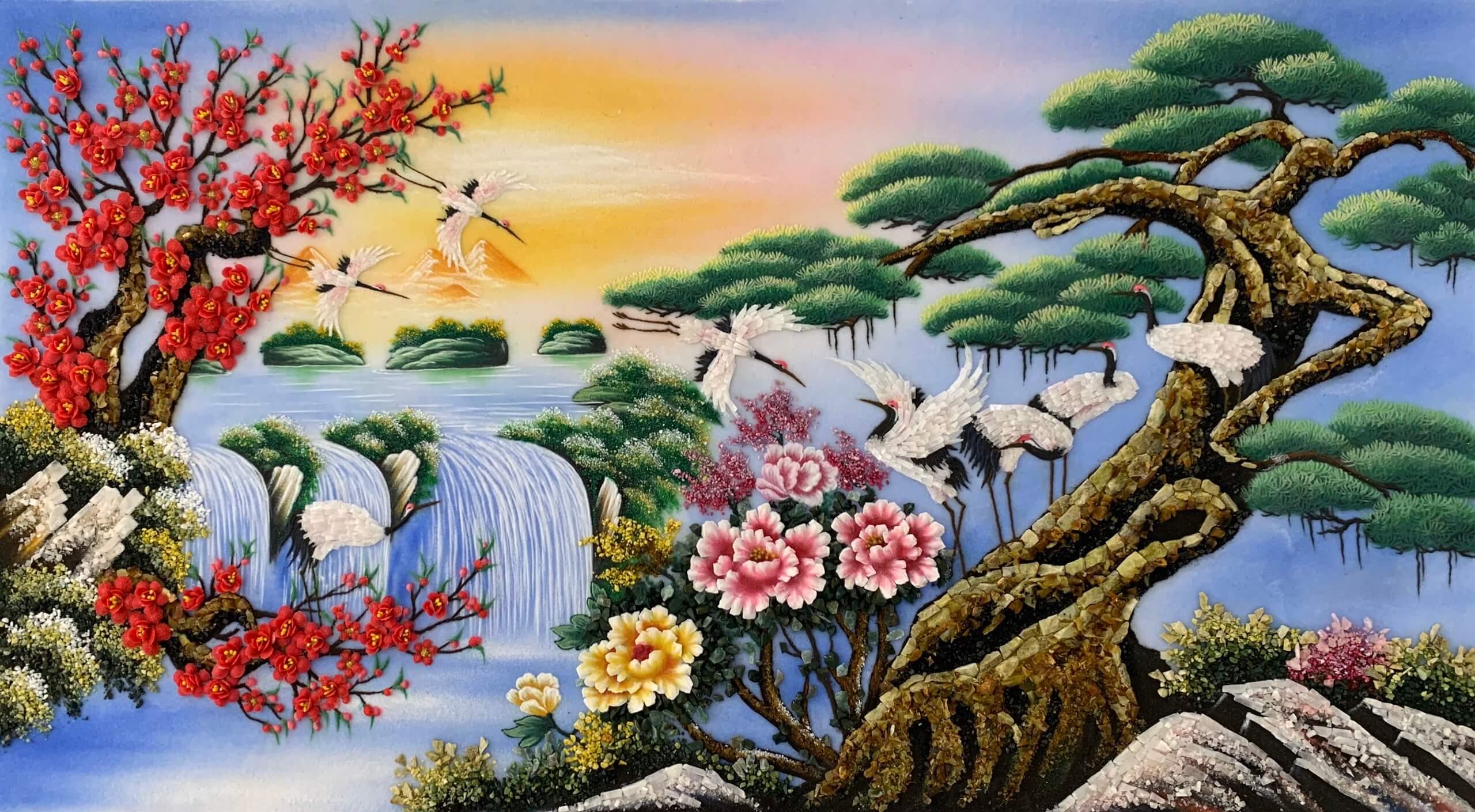 Tranh đá quý bát hạc du xuân TDQ-067