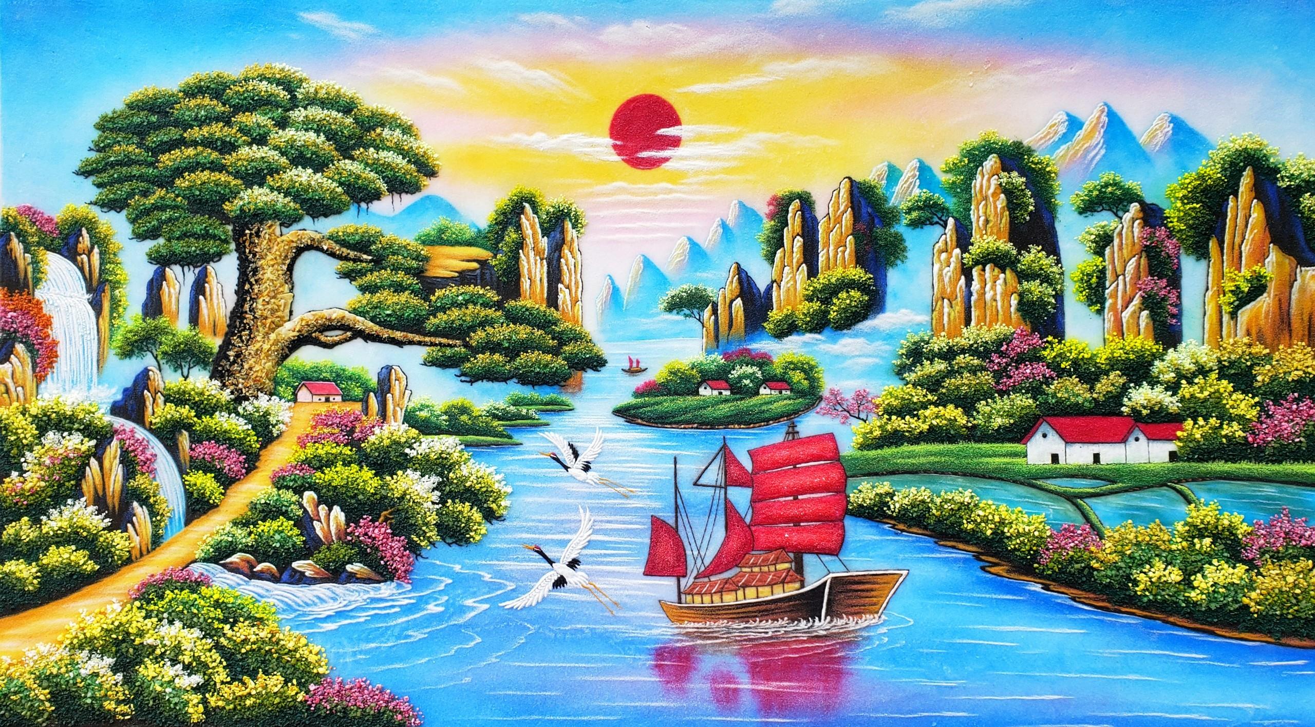 Tranh đá quý tùng nghênh khách TDQ-093